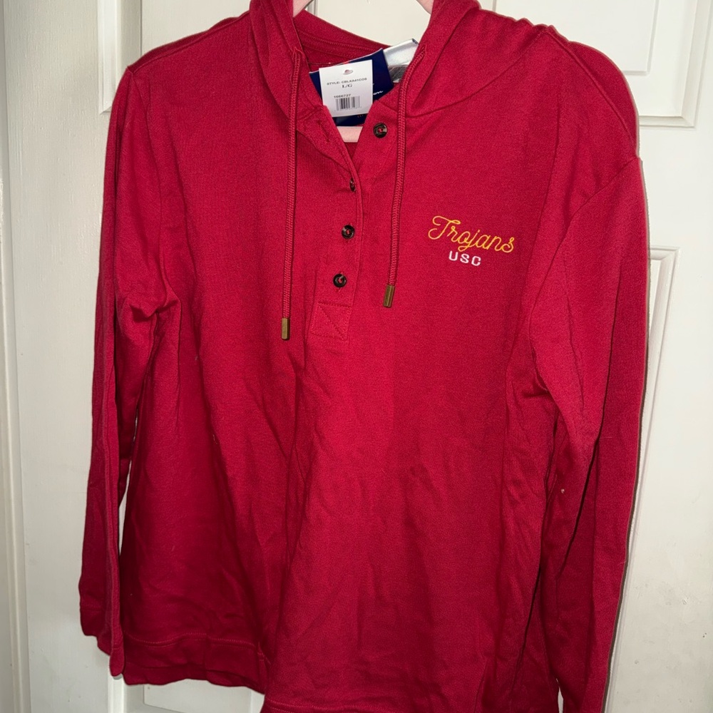Champion Red Long Sleeve USC tee with hood and 3 buttons